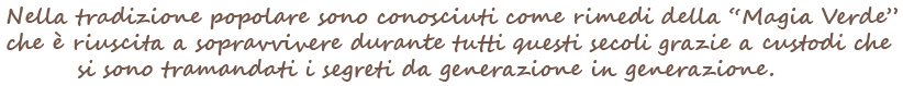 Nella tradizione popolare sono conosciuti come rimedi della "Magia Verde" che  riuscita a sopravvivere durante tutti questi secoli grazie a custodi che si sono tramandati i segreti da generazione in generazione. In popular tradition they are known as remedies of "Green Magic" which has managed to survive during all these centuries thanks to custodians who have handed down the secrets from generation to generation.