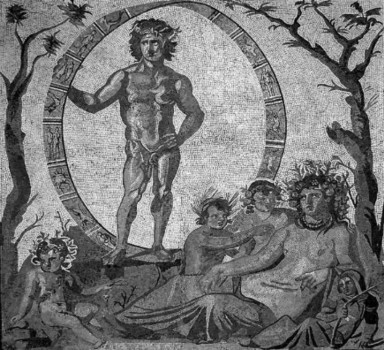 Fetonte e la ruota d'oro in un mosaico del 200ac. Phaeton and the golden wheel in a mosaic of 200ac. Fetonte e la ruota d'oro in un mosaico del 200ac. Phaeton and the golden wheel in a mosaic of 200ac.