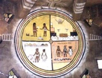 Un disegno di medicine-wheel dei Nativi nordamericani che rappresenta la ruota forata nel Nuovo Continente. A medicine-wheel design of North American natives representing the punctured wheel in the New Continent.